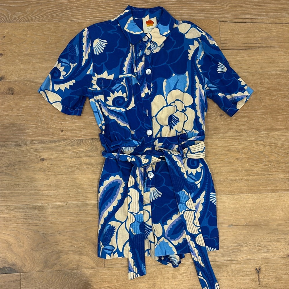 Farm Rio Tropical Groove Belted Romper Size XS Blue Floral Linen Blend